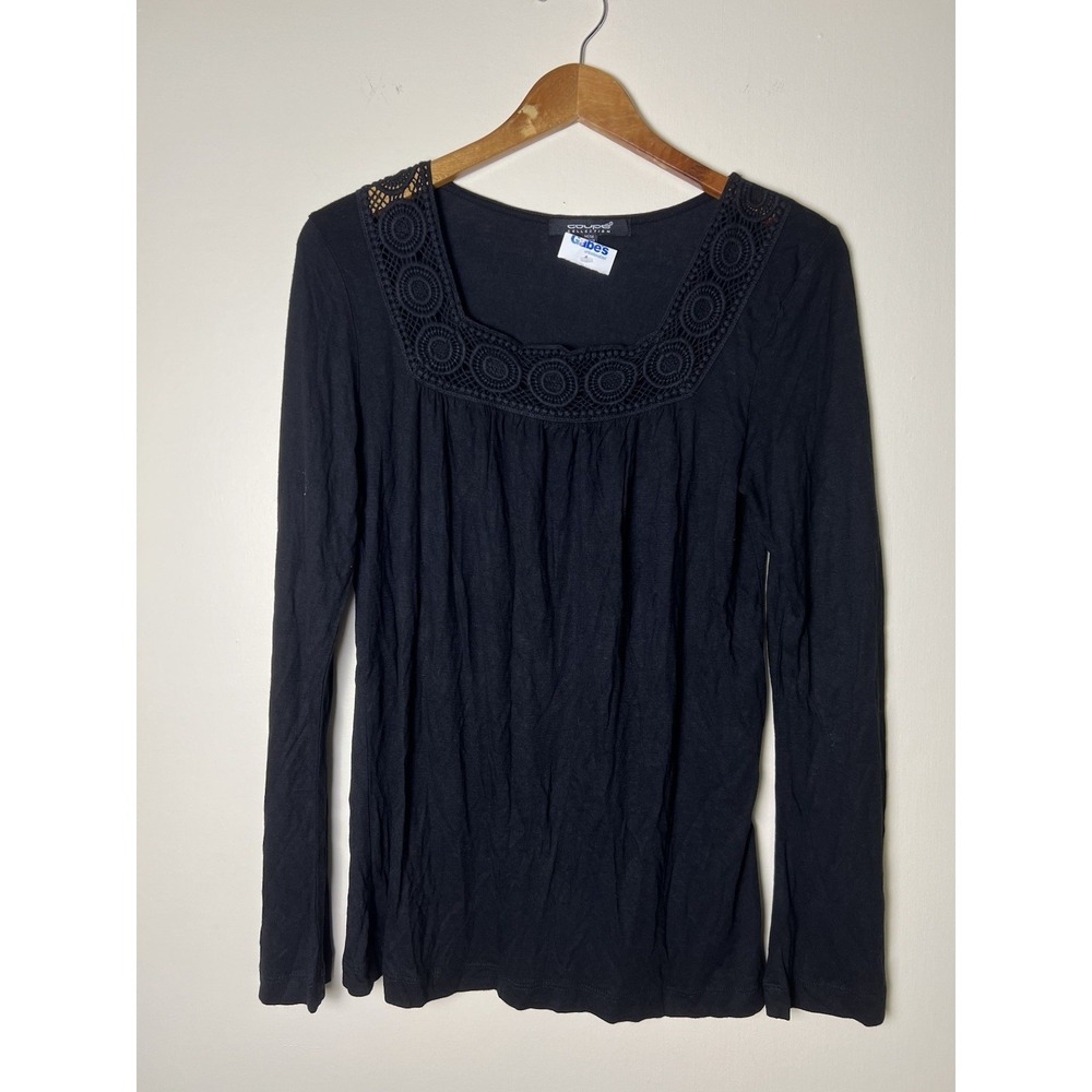 Coupe Collection Women Top Medium Long Sleeve Black Crochet Neckline Viscose NWT